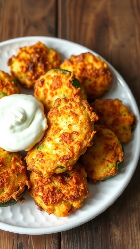 Golden zucchini fritters on a plate with yogurt dip, garnished, on a rustic table.